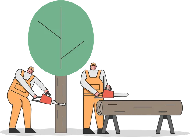Arbeiter fällt Bäume und sammelt Baumstämme  Illustration