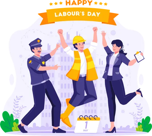 Arbeiter Haben Spass Und Springen Frohlich Zusammen Arbeiter Polizist Und Lehrerin Feiern Den Tag Der Arbeit Am 1 Mai Illustration