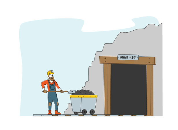 Arbeiter in Uniform und Helm stehen am Eingang des Kohlebergwerks mit Wagen mit Schaufel  Illustration