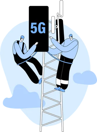 Arbeiter installieren Ausrüstung für 5G-Internet auf einem Sendemast  Illustration