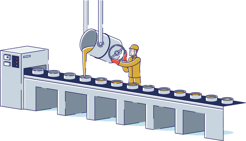 Arbeiter steuert Metallschmelz- und Gießprozess auf Förderband in metallurgischem Werk  Illustration