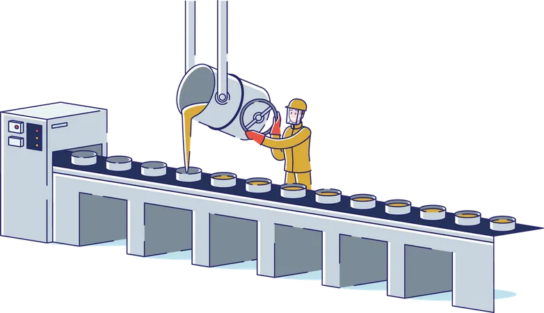 Arbeiter steuert Metallschmelz- und Gießprozess auf Förderband in metallurgischem Werk  Illustration