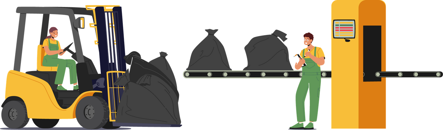 Arbeiter laden Müll auf das Förderband einer Fabrik  Illustration