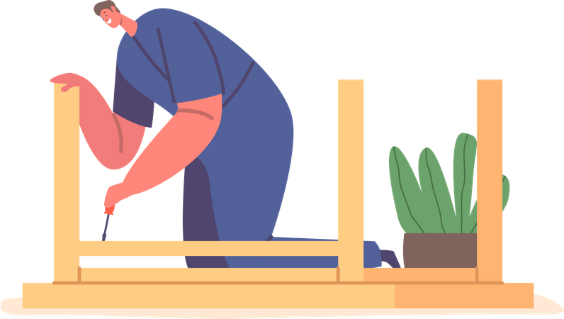 Männlicher Arbeiter montiert Holztisch mit Schraubendreher  Illustration