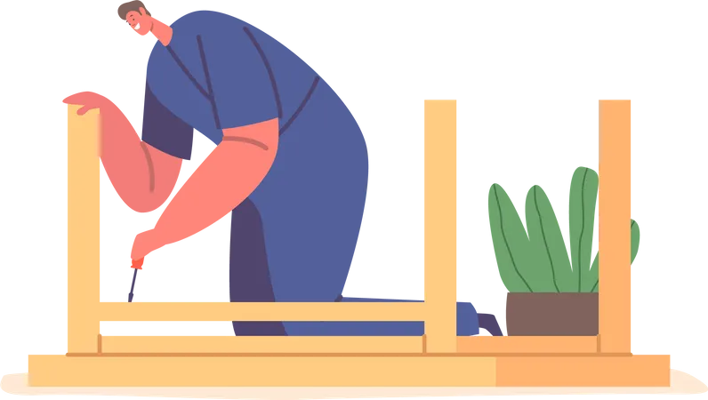 Männlicher Arbeiter montiert Holztisch mit Schraubendreher  Illustration