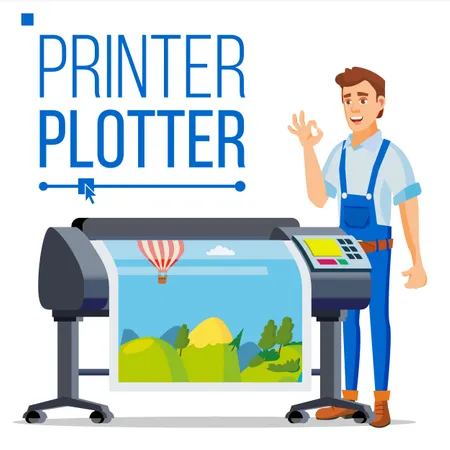 Arbeiter, Mit, Plotter, Vektor  Illustration