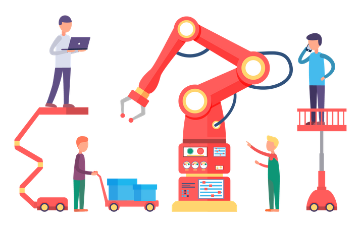 Arbeiter untersuchen den Mechanismus der Herstellung  Illustration