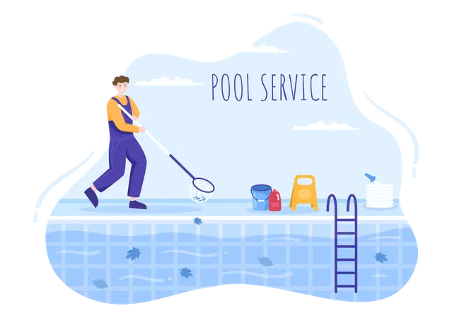 Arbeiter reinigt Wasser im Pool mit Netz  Illustration