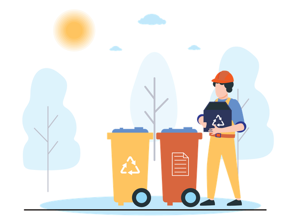 Arbeiter sammeln Müll und werfen ihn in die Mülltonne  Illustration