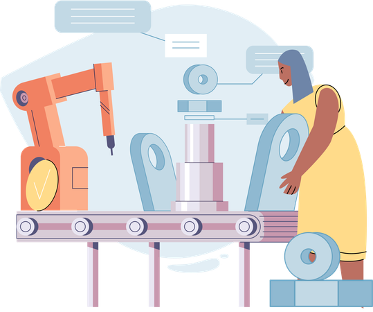 Arbeiterin arbeitet mit Verteilungsrobotern in der Maschinenbauindustrie  Illustration