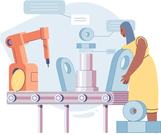 Arbeiterin arbeitet mit Verteilungsrobotern in der Maschinenbauindustrie  Illustration