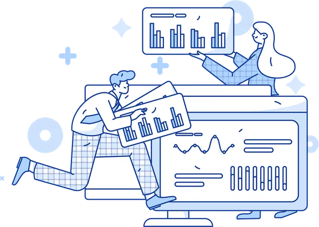 Team analysiert Geschäftspräsentation  Illustration