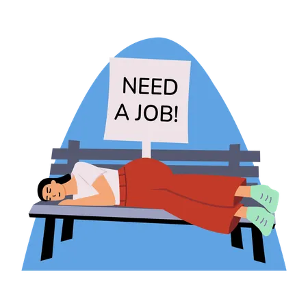 Arbeitslose Frau schläft auf Bank  Illustration