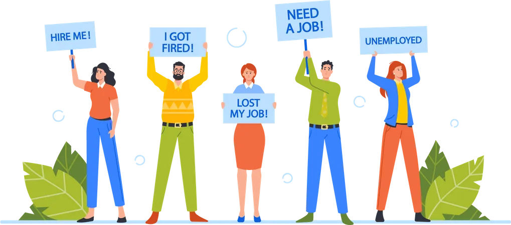 Arbeitslose Geschäftsmänner und Geschäftsfrauen halten Schild  Illustration