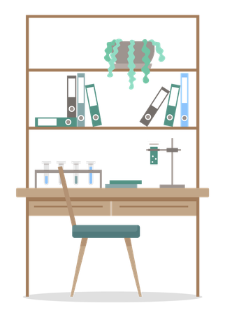 Arbeitsplatz mit Reagenzgläsern und Aktenordnern  Illustration