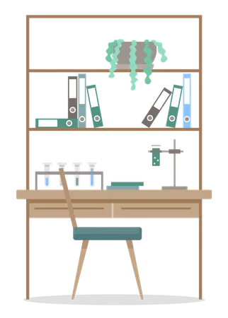 Arbeitsplatz mit Reagenzgläsern und Aktenordnern  Illustration