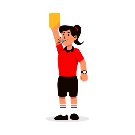 Arbitre de football féminin sifflant et montrant un carton jaune  Illustration