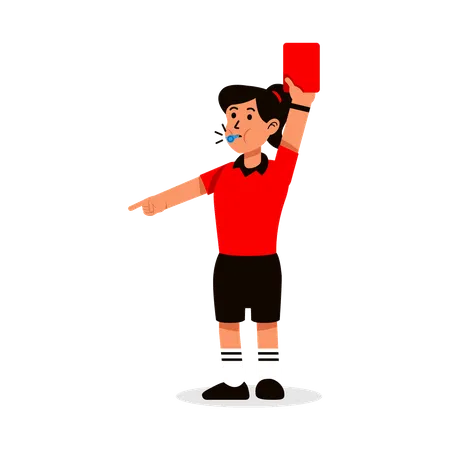 Arbitre de football féminin sifflant et montrant un carton rouge  Illustration