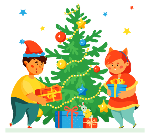 Niños decorando arbol  Ilustración