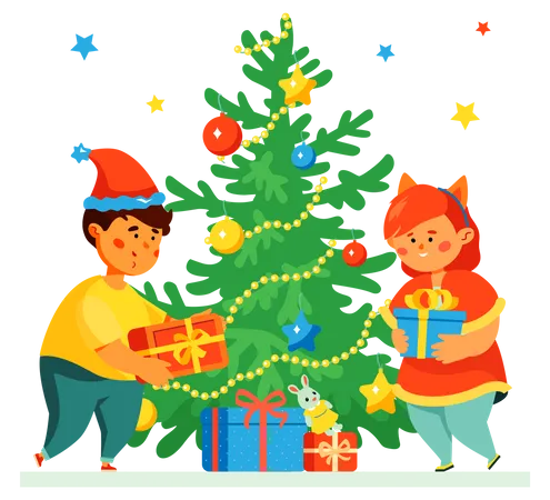 Niños decorando arbol  Ilustración