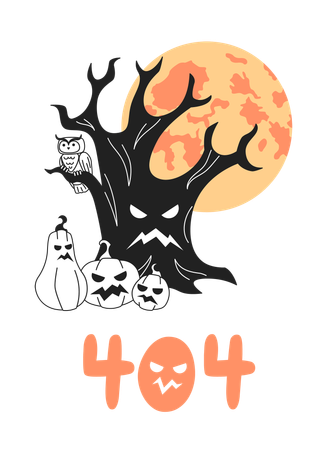 Árbol de Halloween con calabazas aterradoras y luna llena  Ilustración