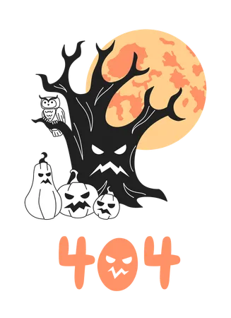 Árbol de Halloween con calabazas aterradoras y luna llena  Ilustración