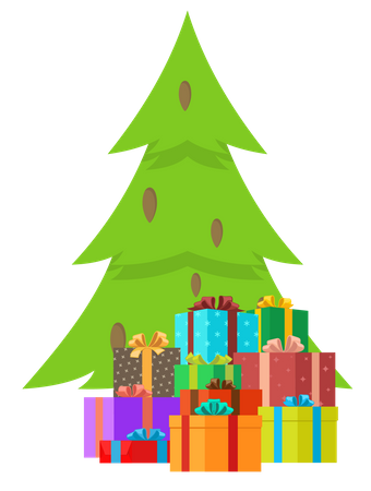 Árbol de Navidad con cajas de regalo.  Ilustración
