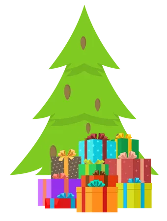 Árbol de Navidad con cajas de regalo.  Ilustración