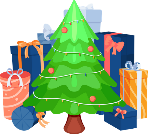 Árbol de Navidad con coloridas cajas de regalo y regalos.  Ilustración
