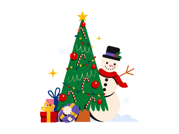 Árbol de navidad con muñeco de nieve  Ilustración