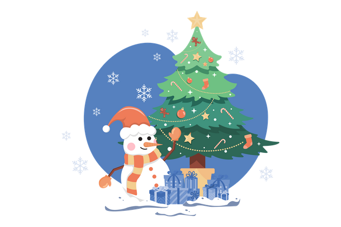 Árbol de navidad con muñeco de nieve  Ilustración