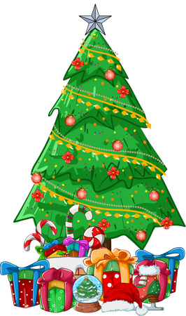 Árbol de Navidad con regalos y dulces.  Ilustración