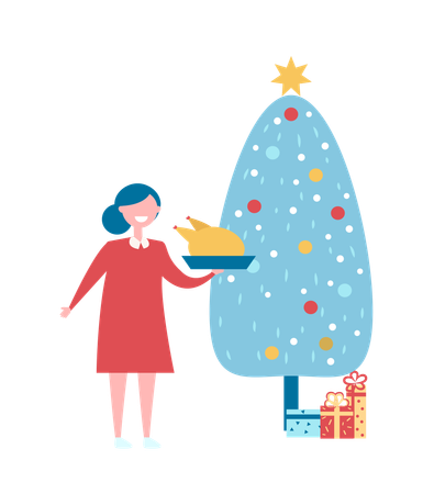 Árbol de Navidad con regalos y mujer con plato.  Ilustración