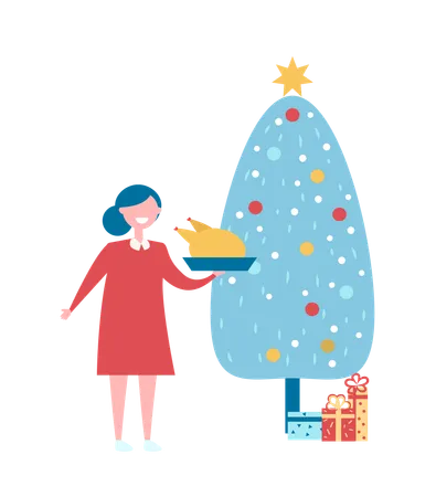 Árbol de Navidad con regalos y mujer con plato.  Ilustración