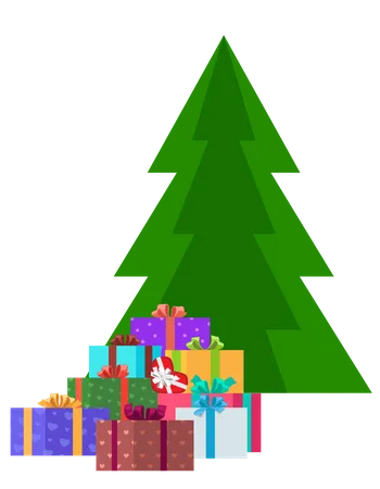Árbol de Navidad decorado con cajas de regalo.  Ilustración