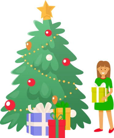 Árbol de navidad, y, niño, niña, tenencia, presente, regalo  Ilustración