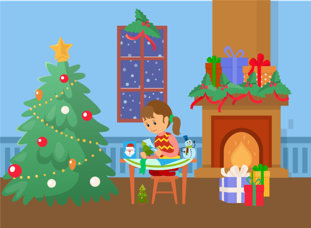 Árbol de Navidad y niño haciendo regalos hechos a mano  Illustration