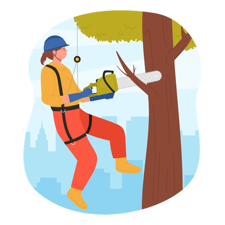 Arborist with chainsaw cutting city park tree  Illustration