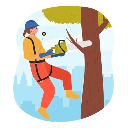 Arborist with chainsaw cutting city park tree  Illustration