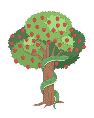 Arbre de la connaissance avec serpent et pommes  Illustration