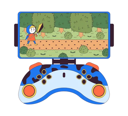 Arcade Game On Smartphone Gamepad 2 D Linear Cartoon Object Cellphone Gaming Joystick Isolated Line Vector Element White Background Adventure Videogame Knight With Sword Color Flat Spot Illustration Illustration