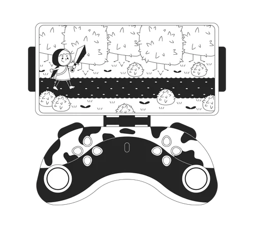 Arcade Game On Smartphone Gamepad Black And White 2 D Line Cartoon Object Cellphone Gaming Joystick Isolated Vector Outline Item Adventure Videogame Knight Sword Monochromatic Flat Spot Illustration Illustration