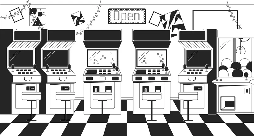 Arcade Machines Black And White Chill Lo Fi Background Vintage Gaming Devices Entertainment Outline 2 D Vector Cartoon Interior Illustration Monochromatic Lofi Wallpaper Desktop Bw 90 S Retro Art Illustration