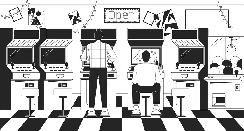 Arcade Video Gaming Black And White Lo Fi Aesthetic Wallpaper Old School Machines Outline 2 D Vector Cartoon Objects Illustration Monochrome Lofi Background Bw 90 S Retro Album Art Chill Vibes Illustration