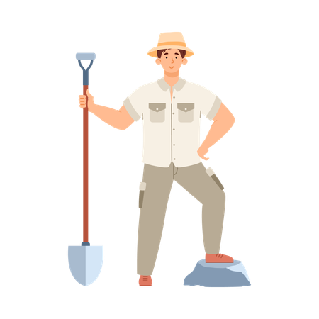 Archaeologist in hat with shovel at excavation  Illustration