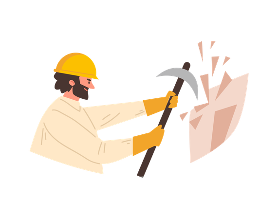 Archaeologist or geologist in yellow protective helmet does excavation  Illustration