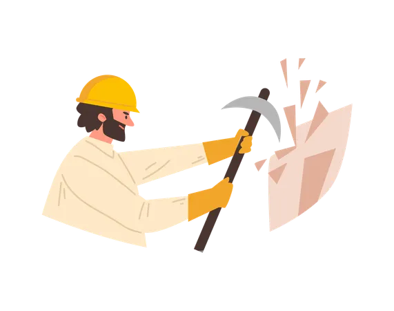 Archaeologist or geologist in yellow protective helmet does excavation  Illustration