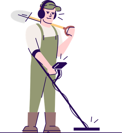 Archaeologist using metal detector and shovel  Illustration