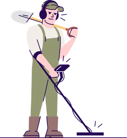 Archaeologist using metal detector and shovel  Illustration