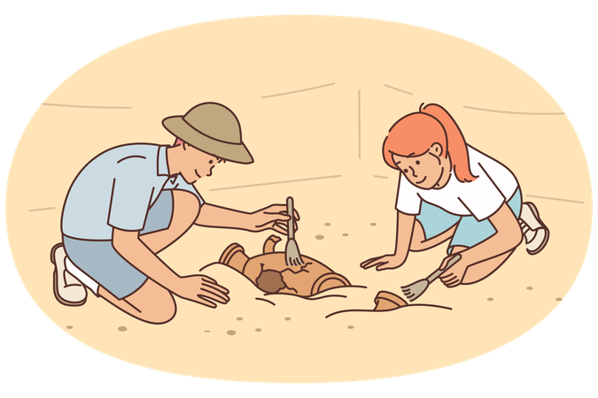 Archaeologists at excavations of ancient city clean artifacts of medieval civilizations  Illustration